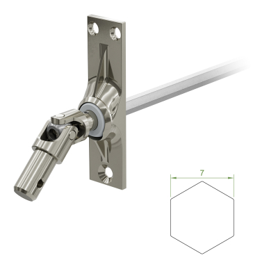 Ein Geiger Gelenklager G031 mit einer Grundplatte von 22 mal 85 mm und einem verchromten Kurbelzapfen von 11,9 mm. Der Abtrieb zum Rollladengetriebe ist ein 7 mm verzinkter Sechskant, 300 mm lang. Verkauf von Diwaro.