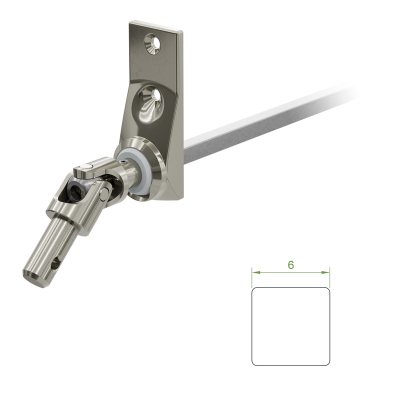 Ein Geiger Gelenklager G036 mit einer Grundplatte von 22 mal 59 mm und einem verchromten Kurbelzapfen von 9,9 mm. Der Abtrieb zum Rollladengetriebe ist ein 6 mm verzinkter Vierkant, 300 mm lang. Verkauf von Diwaro.