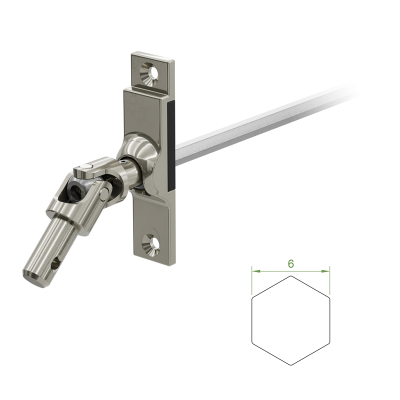 Ein Geiger Gelenklager G039 mit einer Grundplatte von 17 mal 73 mm und einem verchromten Kurbelzapfen von 9,9 mm. Der Abtrieb zum Rollladengetriebe ist ein 6 mm verzinkter Sechskant, 300 mm lang. Verkauf von Diwaro.