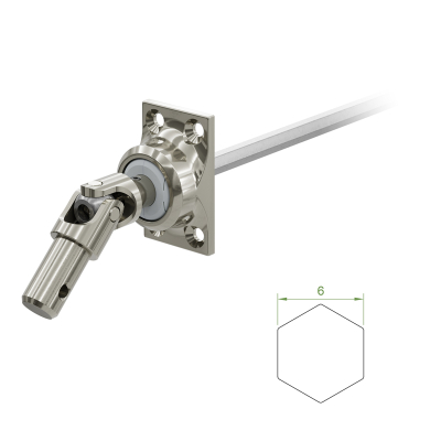 Ein Geiger Gelenklager G049 mit einer Grundplatte von 27 mal 45 mm und einem verchromten Kurbelzapfen von 11,9 mm. Der Abtrieb zum Rollladengetriebe ist ein 6 mm verzinkter Sechskant, 300 mm lang. Verkauf von Diwaro.