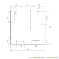 Technische Zeichnung des Einlauftrichter mit den Maßen 50 x 50 mm.