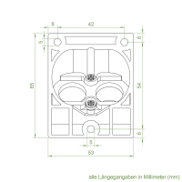 Geiger Versatz - Gelenklager 90° - G120 | Grundplatte 53 x 65 mm | Links | Kurbelzapfen 11,9 mm | 6 mm Sechskant - Länge 300 mm