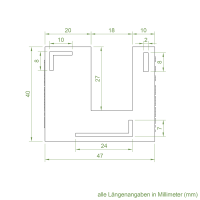 Technische Zeichnung des Einlauftrichters mit den Maßen 47 x 40 mm.