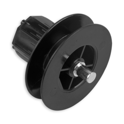 Mini-Gurtsscheibe in schwarz aus Kunststoff mit verzinktem Stift.