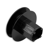 Mini-Gurtsscheibe in schwarz aus Kunststoff mit verzinktem Stift und 80 mm Durchmesser.