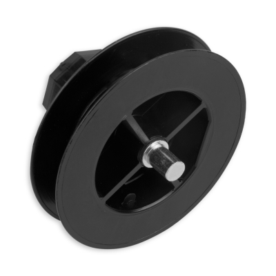 Mini-Gurtsscheibe in schwarz aus Kunststoff mit verzinktem Stift und 100 mm Durchmesser.