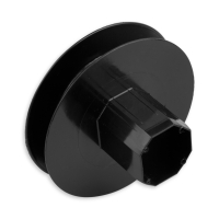 Mini-Gurtsscheibe in schwarz aus Kunststoff mit verzinktem Stift und 100 mm Durchmesser.