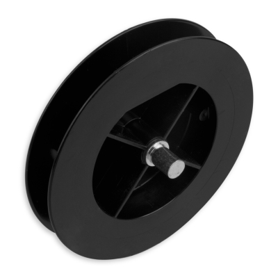 Mini-Gurtsscheibe in schwarz aus Kunststoff mit verzinktem Stift und 120 mm Durchmesser.