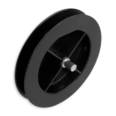 Mini-Gurtsscheibe in schwarz aus Kunststoff mit verzinktem Stift und 135 mm Durchmesser.