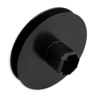 Mini-Gurtsscheibe in schwarz aus Kunststoff mit verzinktem Stift und 135 mm Durchmesser.