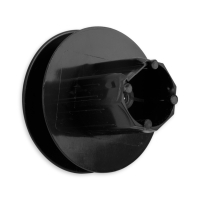 Mini-Gurtsscheibe in schwarz aus Kunststoff mit verzinktem Stift und 80 mm Durchmesser.