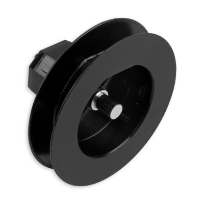 Mini-Gurtsscheibe in schwarz aus Kunststoff mit verzinktem Stift und 100 mm Durchmesser.
