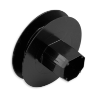 Mini-Gurtsscheibe in schwarz aus Kunststoff mit verzinktem Stift und 100 mm Durchmesser.