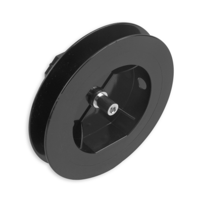 Mini-Gurtsscheibe in schwarz aus Kunststoff mit verzinktem Stift und 120 mm Durchmesser.