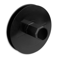 Mini-Gurtsscheibe in schwarz aus Kunststoff mit verzinktem Stift und 135 mm Durchmesser.
