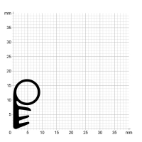 Maßstabgetreuer Profilquerschnitt der Flügelfalzdichtung FF010 auf Millimeterpapier.