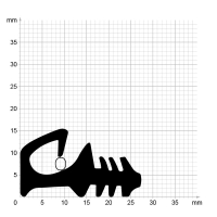 Maßstabgetreuer Profilquerschnitt der Stahlzargendichtung SZ144 mit integriertem Ausreißsteg auf Millimeterpapier.