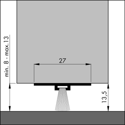 Bemaßte Zeichnung des Dichtungsprofils der Türbodendichtung TB008 aus Aluminium für Türen.