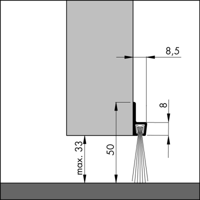 Bemaßte Zeichnung des Dichtungsprofils der Türbodendichtung TB014 aus Aluminium für Türen und Tore.