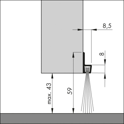 Bemaßte Zeichnung des Dichtungsprofils der Türbodendichtung TB020 aus Aluminium für Türen und Tore.