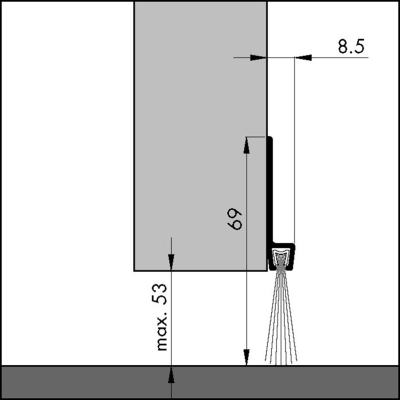 Bemaßte Zeichnung des Dichtungsprofils der Türbodendichtung TB016 aus Aluminium für Türen und Tore.
