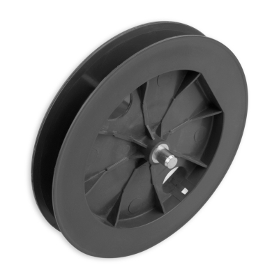 Mini-Gurtsscheibe in schwarz aus Kunststoff mit verzinktem Stift und 195 mm Durchmesser.