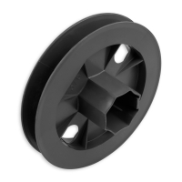Mini-Gurtsscheibe in schwarz aus Kunststoff mit verzinktem Stift und 195 mm Durchmesser.