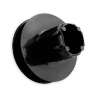 Mini-Gurtsscheibe in schwarz aus Kunststoff mit verzinktem Stift und 85 mm Durchmesser.