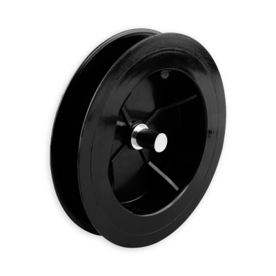 Mini-Gurtsscheibe in schwarz aus Kunststoff mit verzinktem Stift und 110 mm Durchmesser.