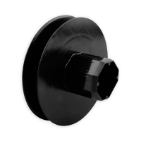 Mini-Gurtsscheibe in schwarz aus Kunststoff mit verzinktem Stift und 110 mm Durchmesser.