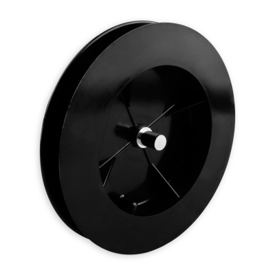 Mini-Gurtsscheibe in schwarz aus Kunststoff mit verzinktem Stift und 140 mm Durchmesser.