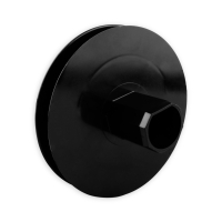 Mini-Gurtsscheibe in schwarz aus Kunststoff mit verzinktem Stift und 140 mm Durchmesser.