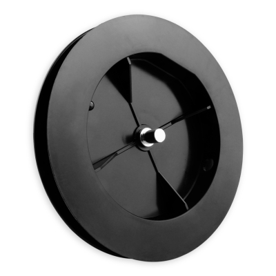 Mini-Gurtsscheibe in schwarz aus Kunststoff mit verzinktem Stift und 170 mm Durchmesser.