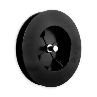 Mini-Gurtsscheibe in schwarz aus Kunststoff mit verzinktem Stift und 115 mm Durchmesser.
