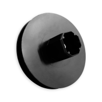 Mini-Gurtsscheibe in schwarz aus Kunststoff mit verzinktem Stift und 115 mm Durchmesser.