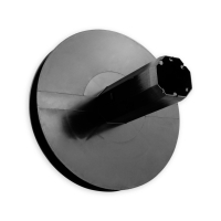 Mini-Gurtsscheibe in schwarz aus Kunststoff mit verzinktem Stift und 160 mm Durchmesser.