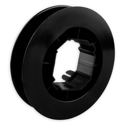 Gurtsscheibe in schwarz aus Kunststoff mit 140 mm Durchmesser.
