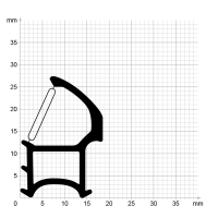 Maßstabgetreuer Profilquerschnitt der Stahlzargendichtung SZ271 mit integriertem Ausreißsteg auf Millimeterpapier.