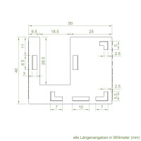 Technische Zeichnung des Einlauftrichters mit den Maßen 50 x 35 mm.