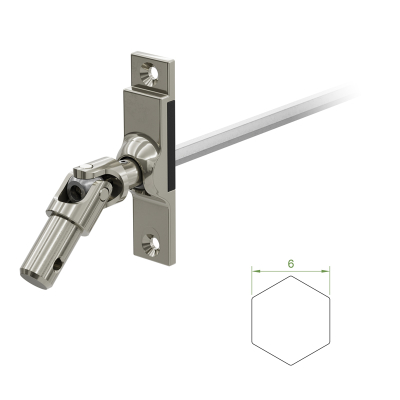 Ein Geiger Gelenklager G037 mit einer Grundplatte von 17 mal 73 mm und einem verchromten Kurbelzapfen von 11,9 mm. Der Abtrieb zum Rollladengetriebe ist ein 6 mm verzinkter Sechskant, 300 mm lang. Verkauf von Diwaro.