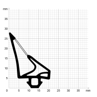 Maßstabgetreuer Profilquerschnitt der Stahlzargendichtung SZ281 mit integriertem Ausreißsteg auf Millimeterpapier.