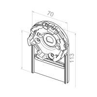 Technische Zeichnung des Motorlagers mit Bemaßung.