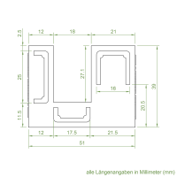Technische Zeichnung des Einlauftrichters mit den Maßen 51 x 39 mm.