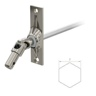 Ein Geiger Gelenklager G006 mit einer Grundplatte von 22 mal 85 mm und einem verchromten Kurbelzapfen von 11,9 mm. Der Abtrieb zum Rolladengetriebe ist ein 7 mm verzinkter Sechskant, 300 mm lang. Verkauf von Diwaro.