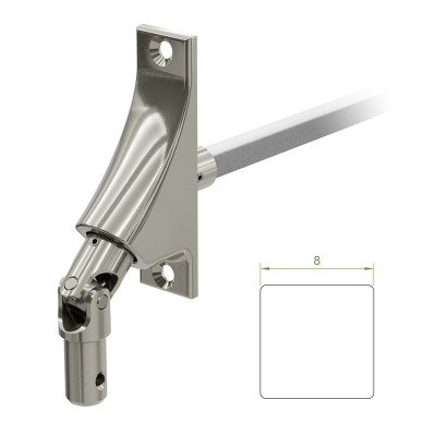 Ein Geiger Gelenklager G062 mit einer Grundplatte von 22 mal 85 mm und einem verchromten Kurbelzapfen von 12,9 mm. Der Abtrieb zum Rollladengetriebe ist ein 8 mm verzinkter Vierkant, 300 mm lang. Verkauf von Diwaro.