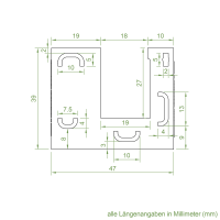 Technsiche Zeichnung des Einlauftrichters mit den Maßen 47 x 39 mm.