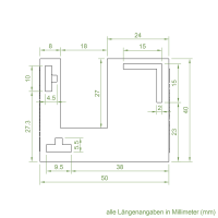Technische Zeichnung des Einlauftrichters mit den Maßen 50 x 40 mm.