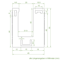 Technische Zeichnung des Einlauftrichters mit den Maßen 45 x 55 mm.