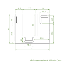 Technische Zeichnung des Einlauftrichters mit den Maßen 47 x 40 mm.
