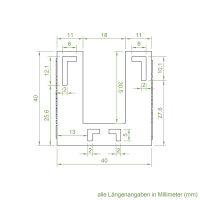 Technische Zeichnung des Einlauftrichters mit den Maßen 40 x 40 mm.
